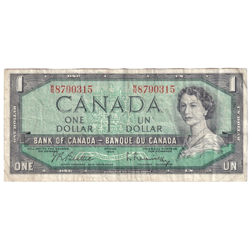 BC-37b 1954 Canada $1 Beattie-Rasminsky, W/N no FPN, Very Fine (VF20)