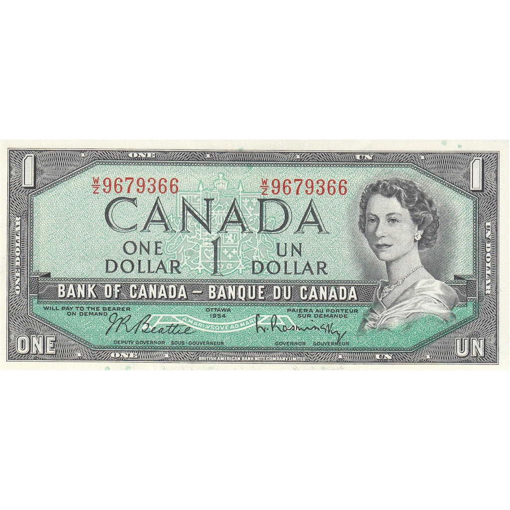 BC-37b-i 1954 Canada $1 Beattie-Rasminsky, W/Z, AU-UNC (AU55)