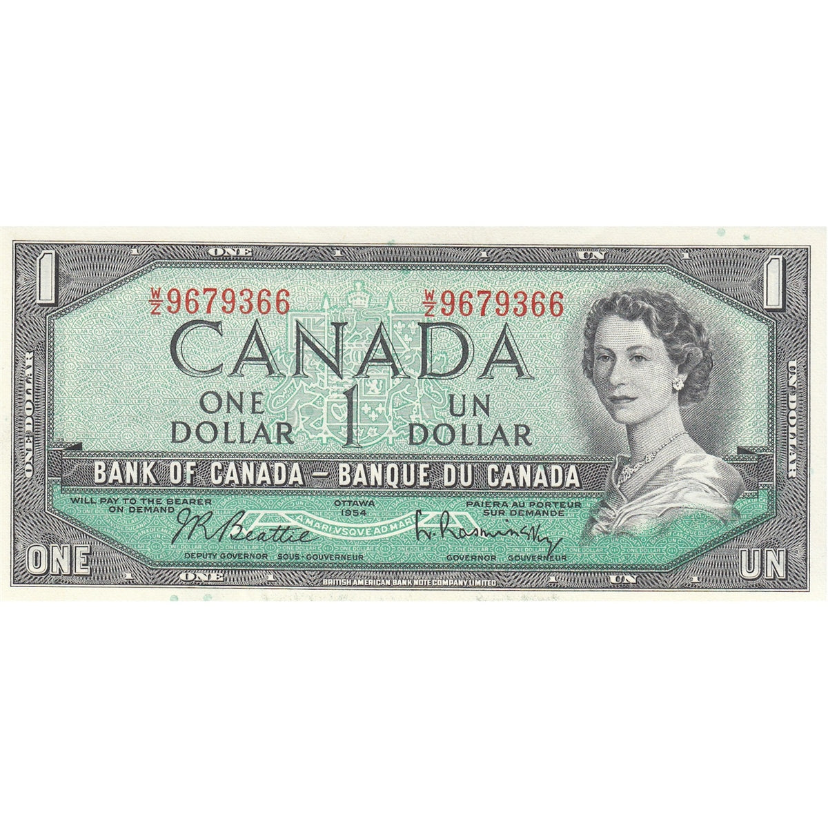 BC-37b-i 1954 Canada $1 Beattie-Rasminsky, W/Z, AU-UNC (AU55)