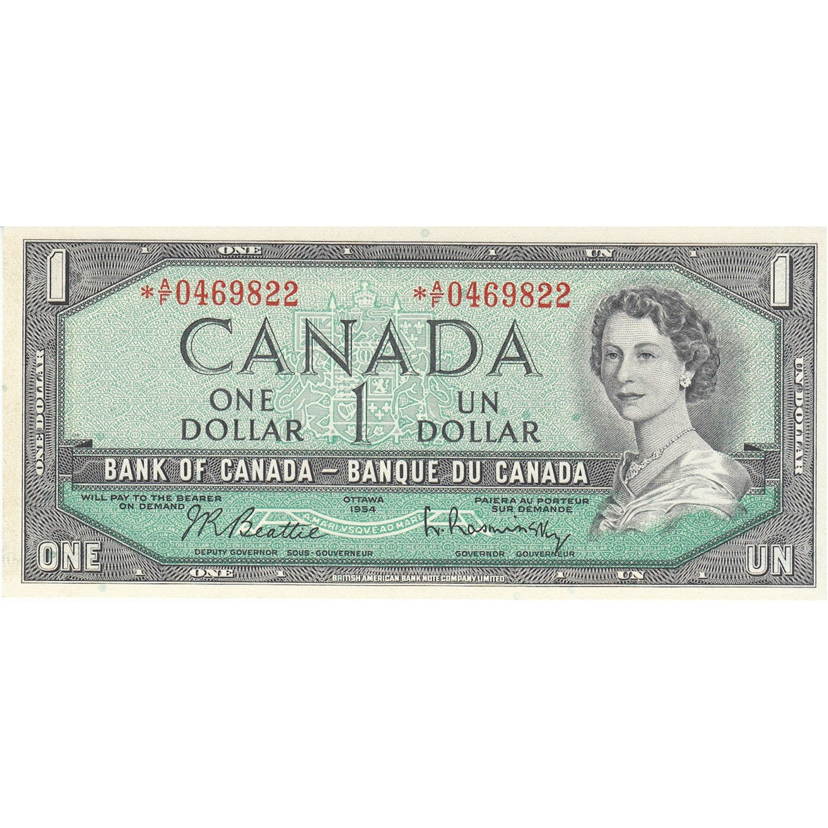 BC-37BA-i 1954 Canada $1 Beattie-Rasminsky, *A/F, Uncirculated (MS60)