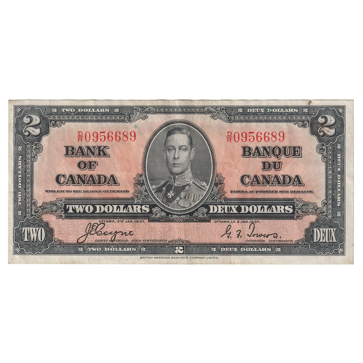 BC-22c 1937 Canada $2 Coyne-Towers, D/R, VF-EF (VF30)