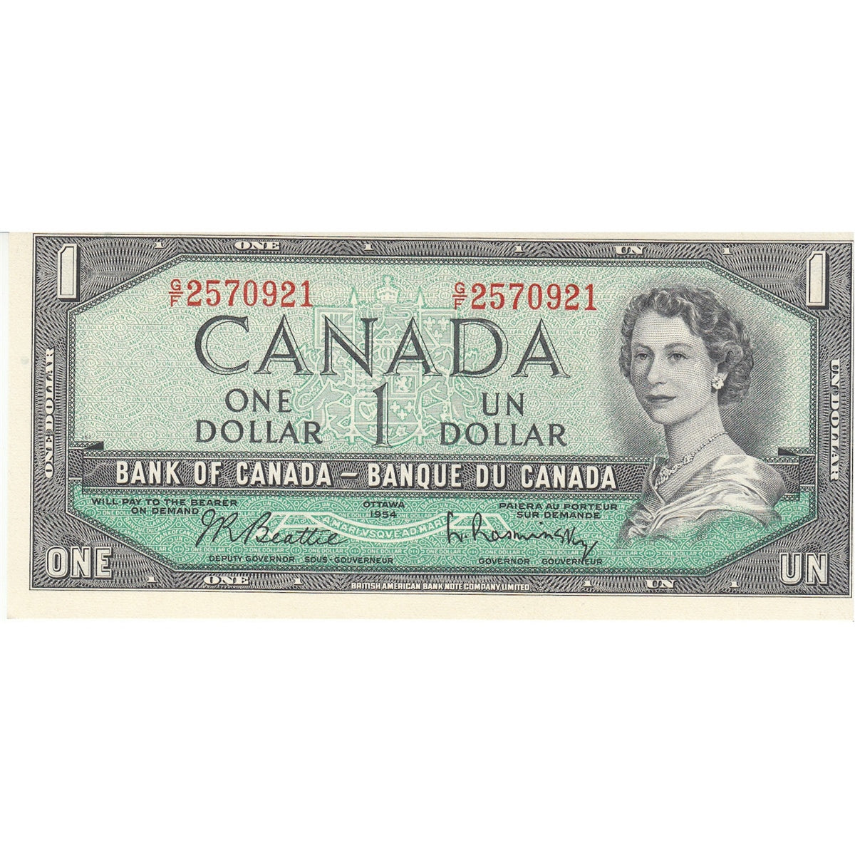 BC-37b-i 1954 Canada $1 Beattie-Rasminsky, G/F, AU-UNC (AU55)