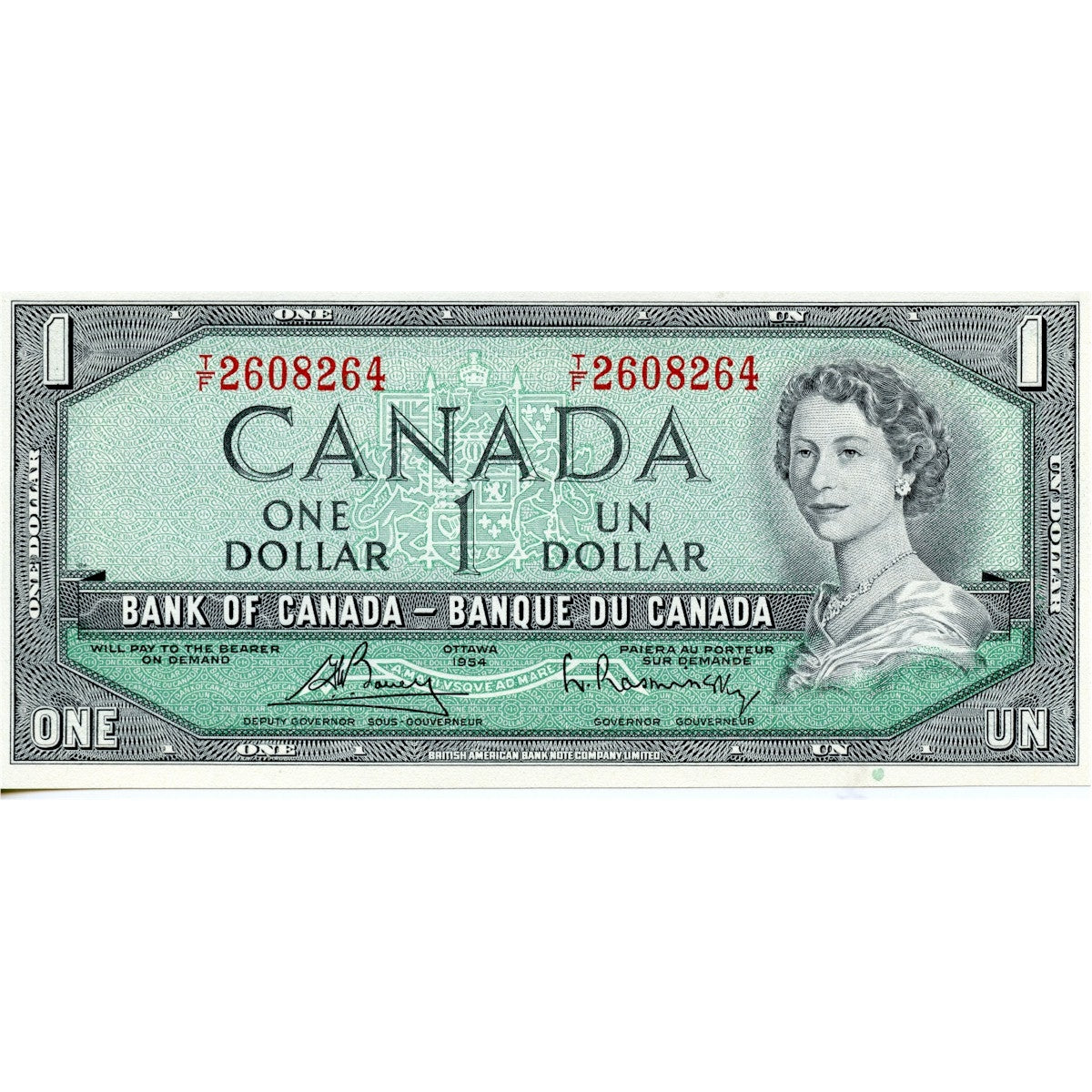 BC-37c 1954 Canada $1 Bouey-Rasminsky, T/F, Uncirculated (MS60)
