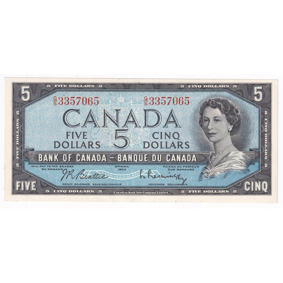 BC-39b 1954 Canada $5 Beattie-Rasminsky, G/S, Extra Fine (EF40)