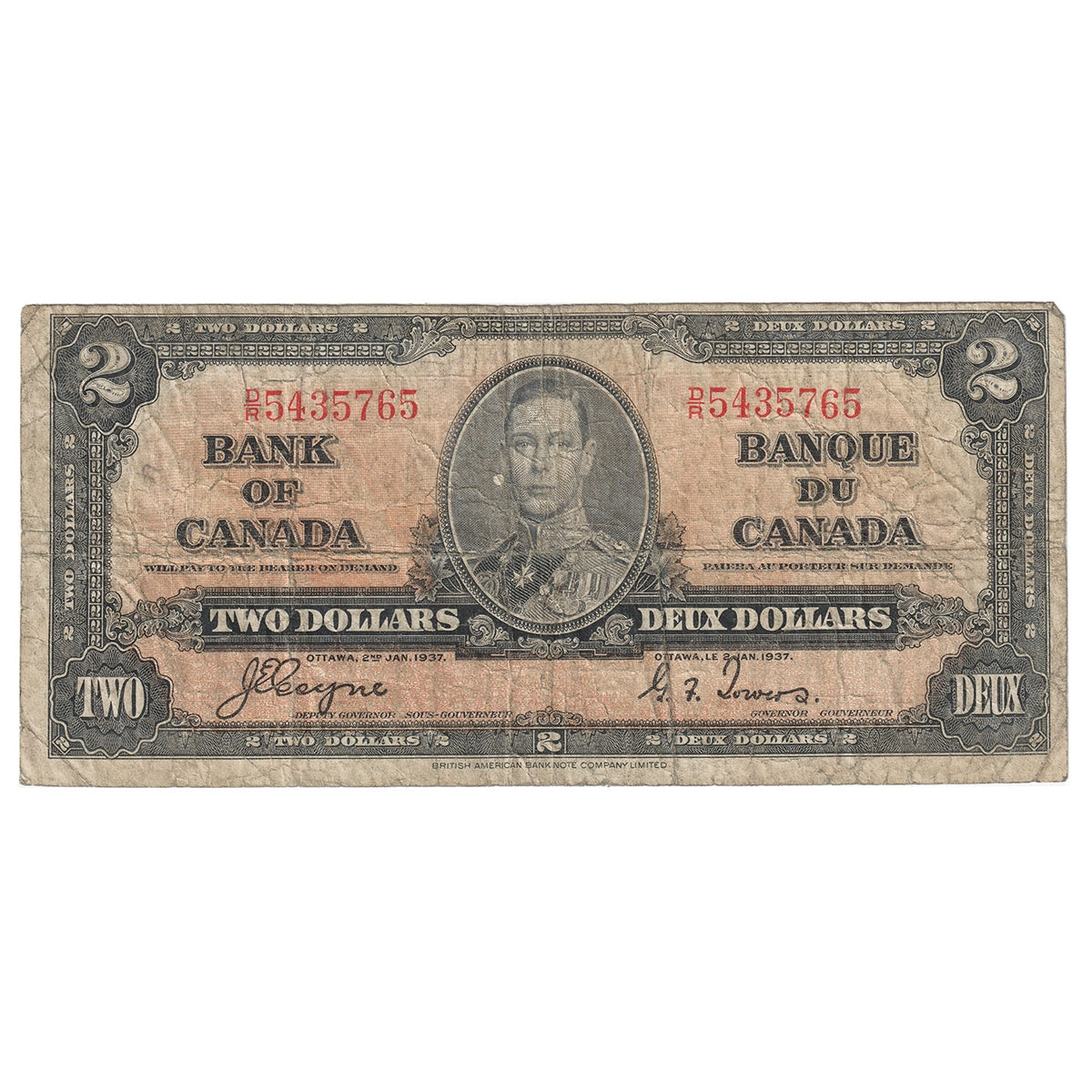 BC-22c 1937 Canada $2 Coyne-Towers, D/R, Very Good (VG8)