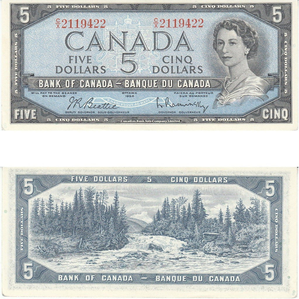 BC-39b 1954 Canada $5 Beattie-Rasminsky, C/X, Almost Uncirculated (AU50)