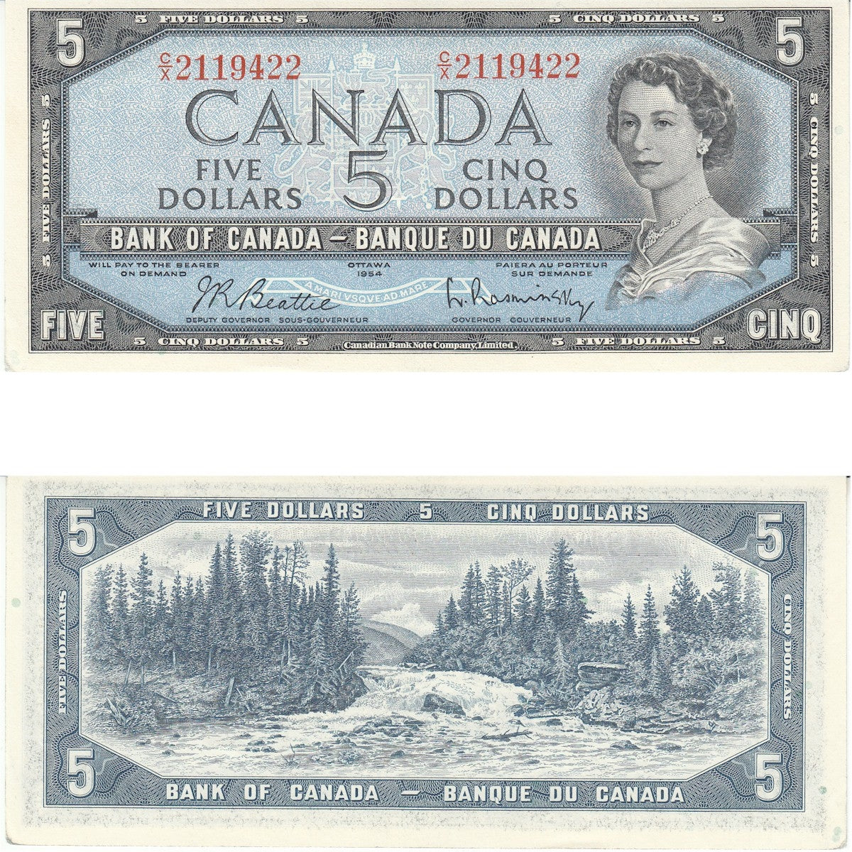 BC-39b 1954 Canada $5 Beattie-Rasminsky, C/X, Almost Uncirculated (AU50)