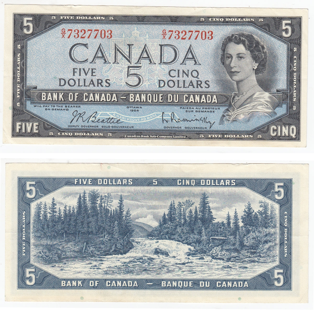 BC-39b 1954 Canada $5 Beattie-Rasminsky, G/X, VF-EF (VF30)