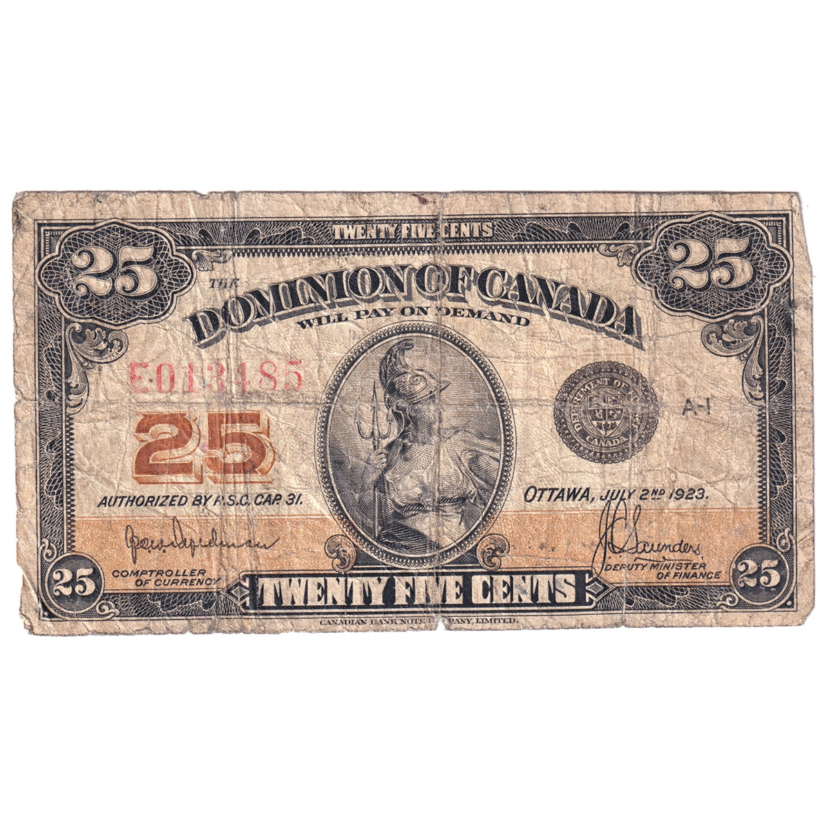 DC-24a 1923 Dominion 25-cent Shinplaster, Hyndman-Saunders, Authorized, CIRC