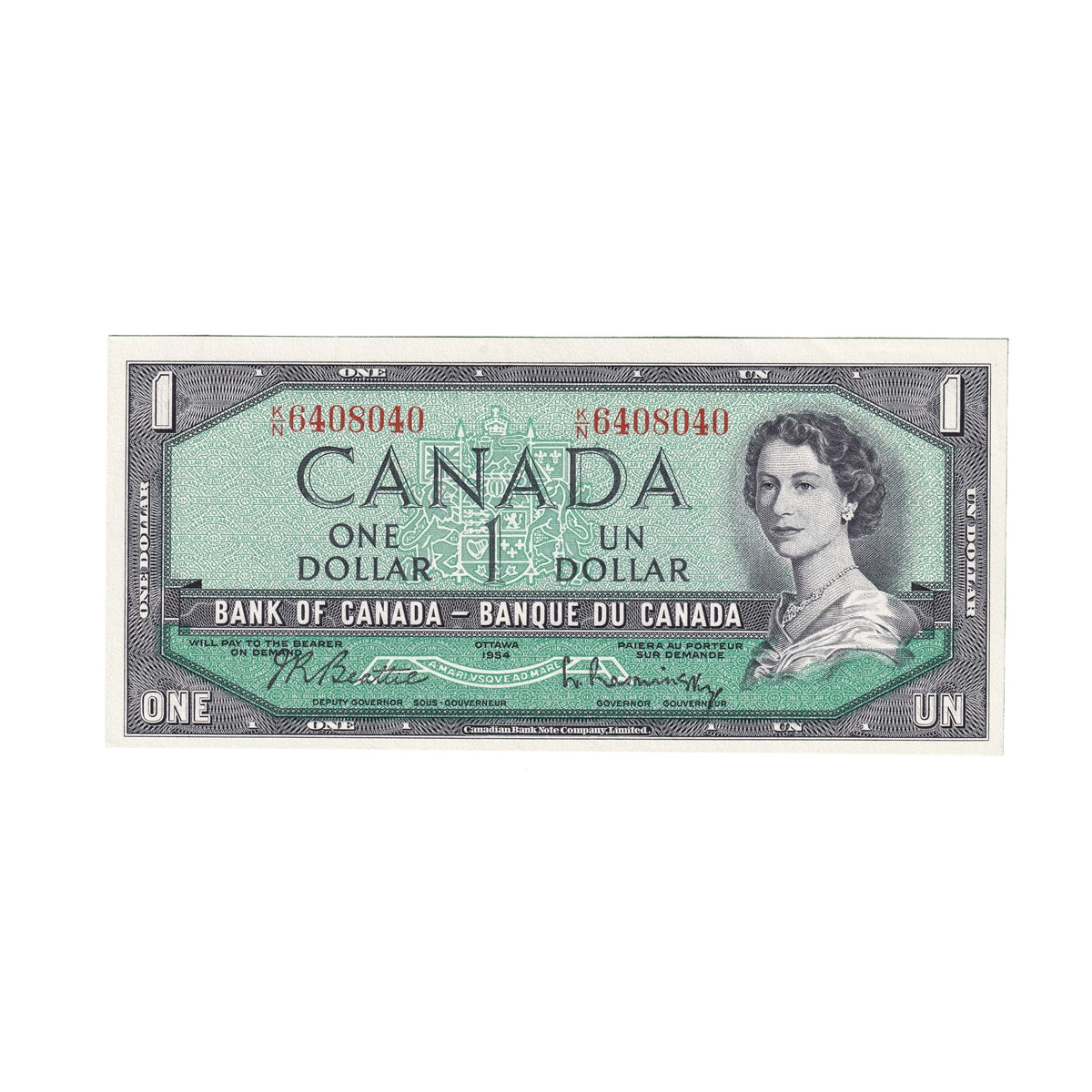 BC-37b 1954 Canada $1 Beattie-Rasminsky, K/N, AU-UNC (AU55)