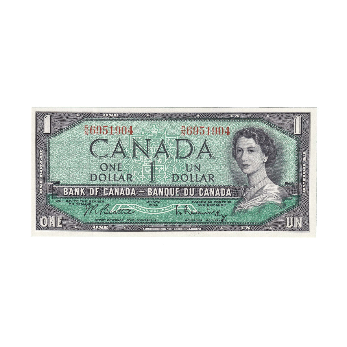 BC-37b 1954 Canada $1 Beattie-Rasminsky, R/N, EF-AU (EF45)