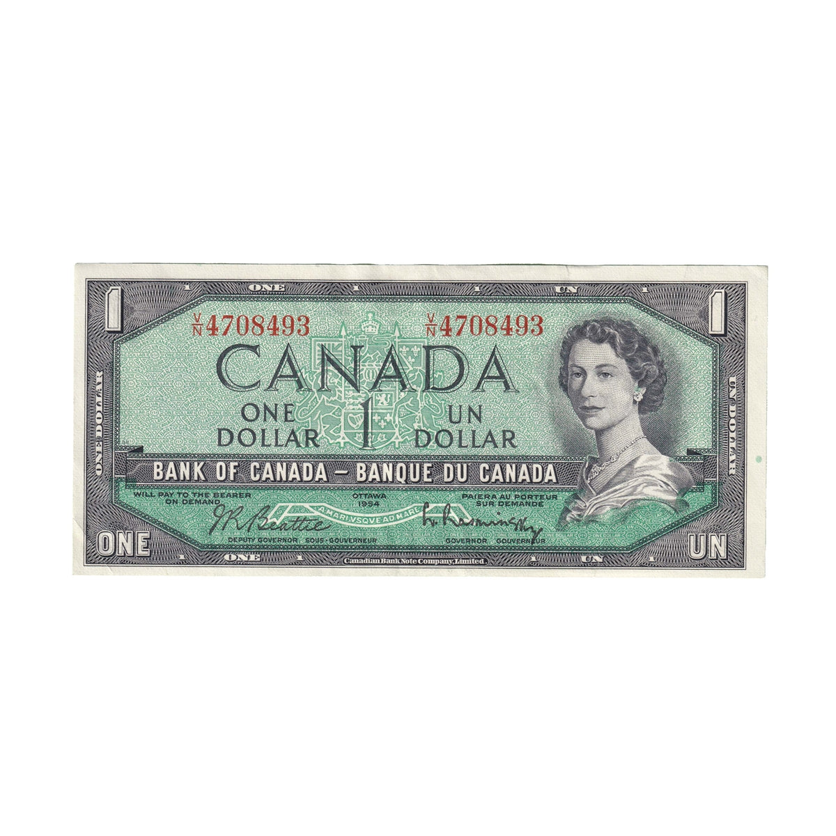 BC-37b 1954 Canada $1 Beattie-Rasminsky, V/N, EF-AU (EF45)
