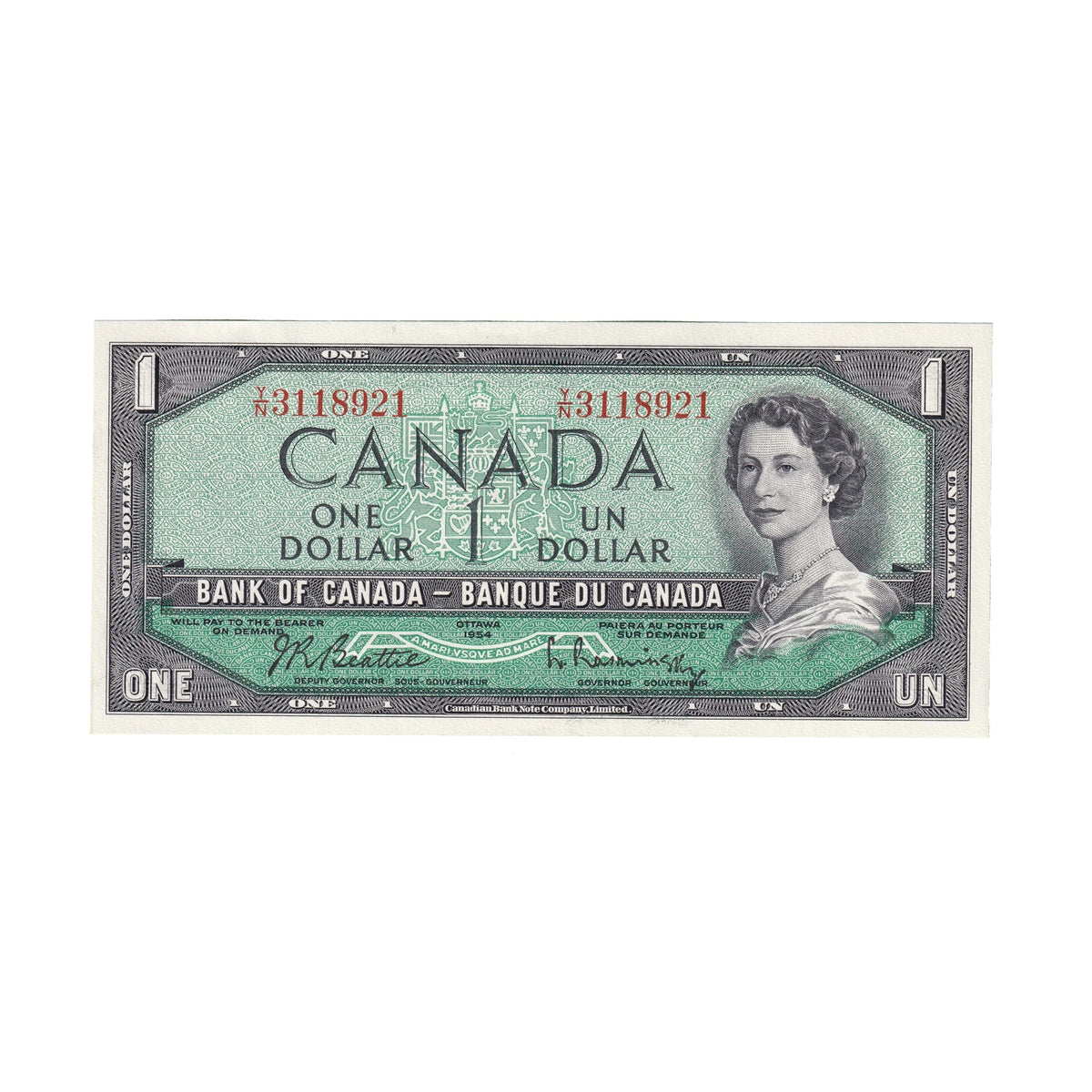 BC-37b 1954 Canada $1 Beattie-Rasminsky, Y/N, Almost Uncirculated (AU50)