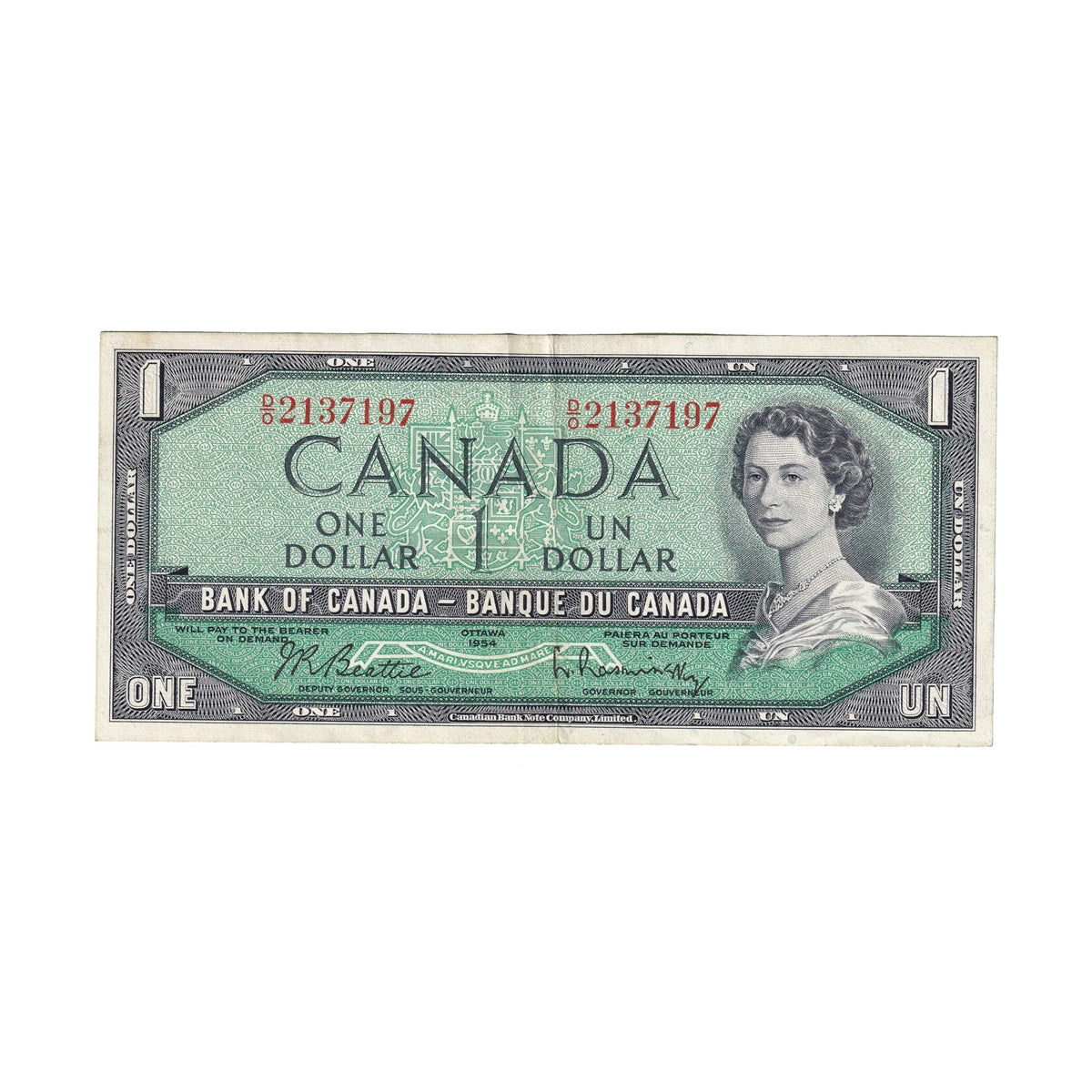 BC-37b 1954 Canada $1 Beattie-Rasminsky, D/O, Extra Fine (EF40)