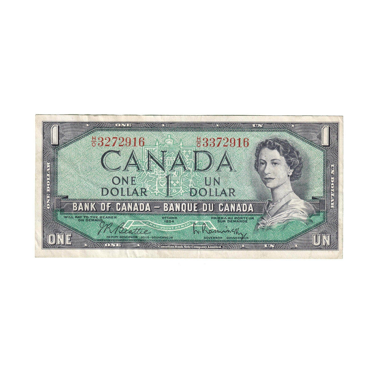 BC-37b 1954 Canada $1 Beattie-Rasminsky, H/O, Extra Fine (EF40)