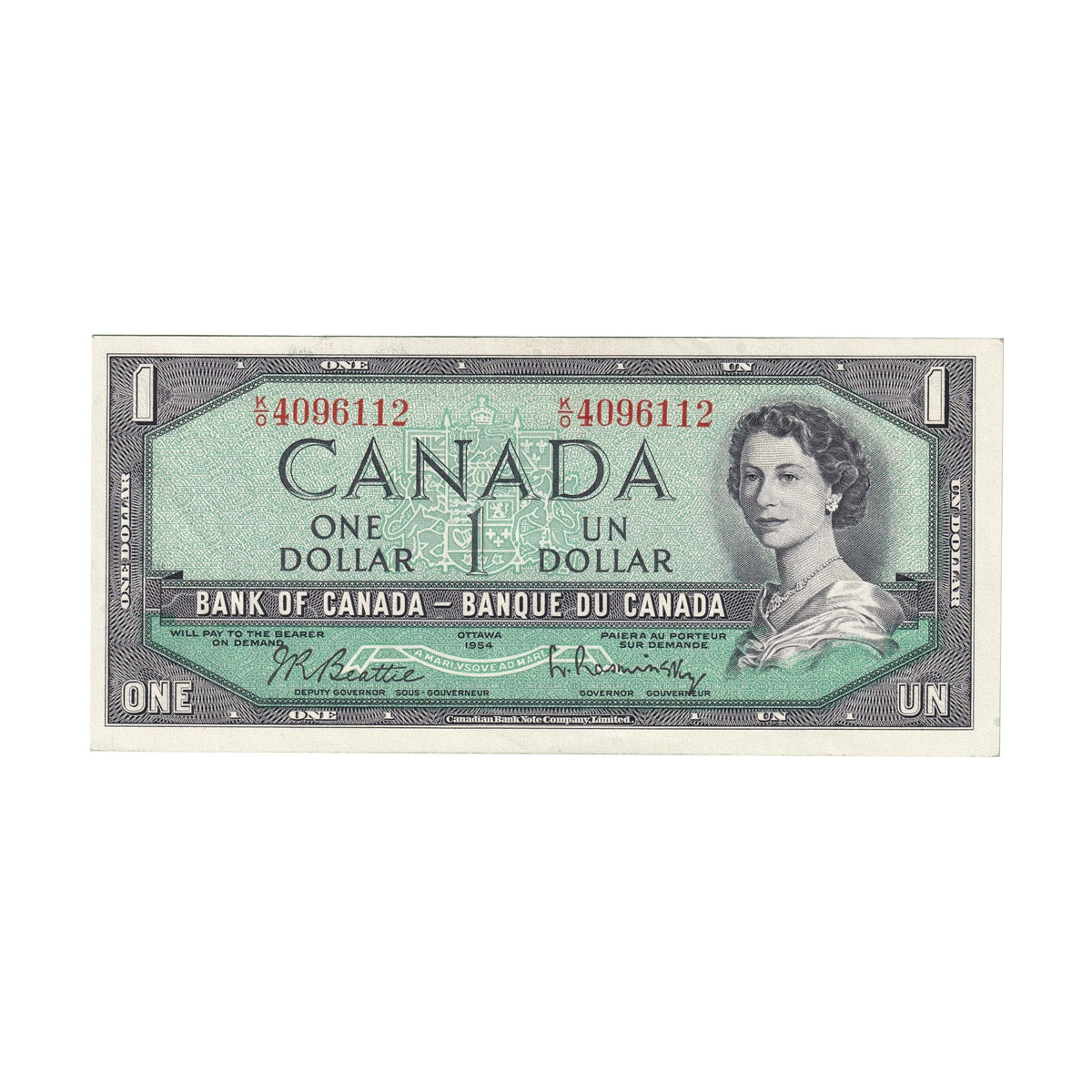 BC-37b 1954 Canada $1 Beattie-Rasminsky, K/O, Almost Uncirculated (AU50)