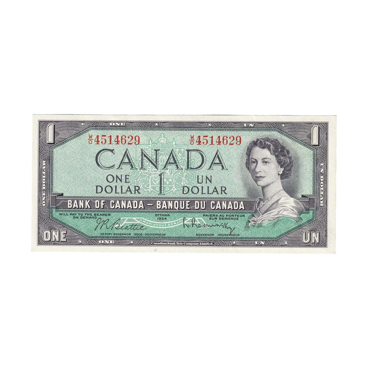 BC-37b 1954 Canada $1 Beattie-Rasminsky, W/O, Uncirculated (MS60)