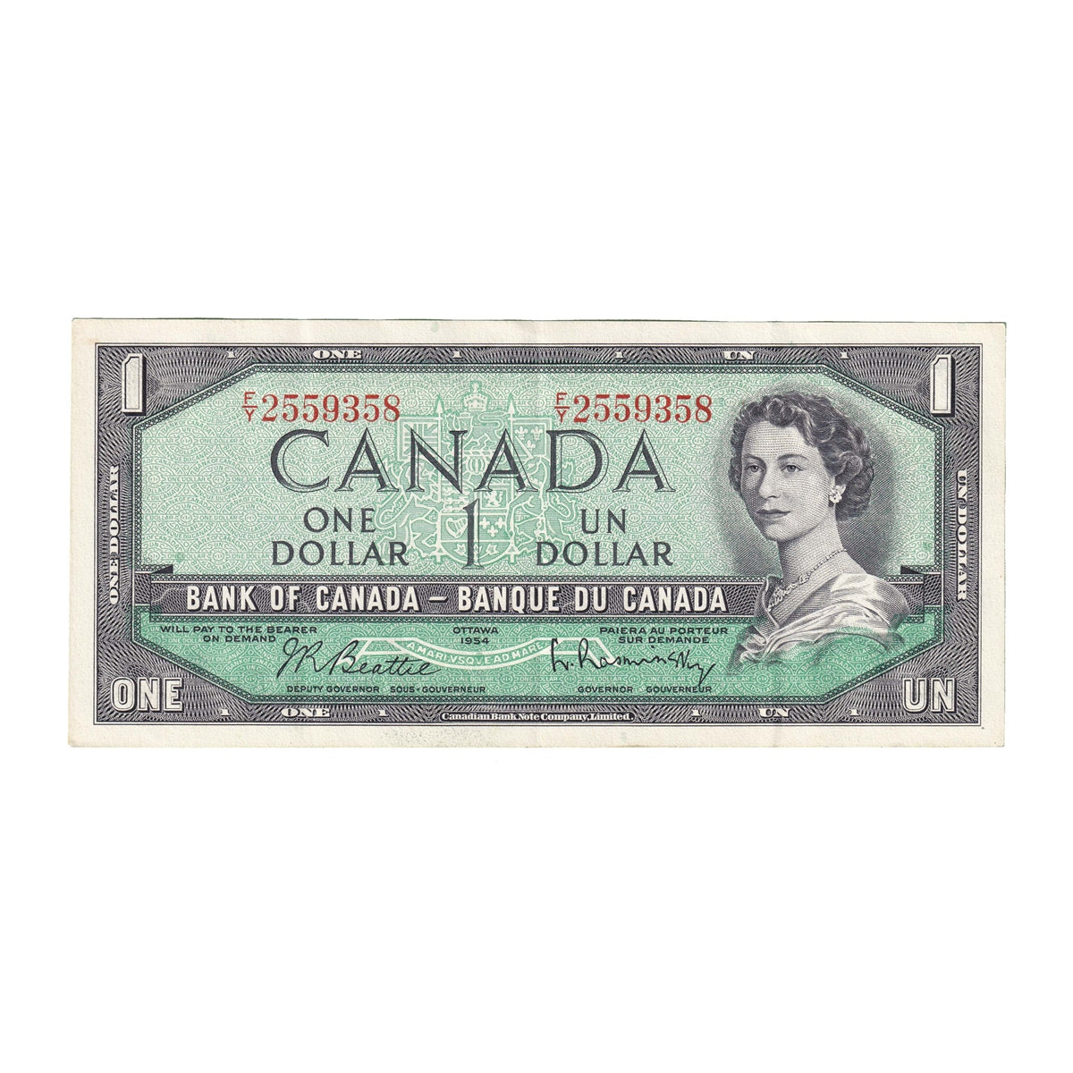 BC-37b 1954 Canada $1 Beattie-Rasminsky, F/Y, Extra Fine (EF40)