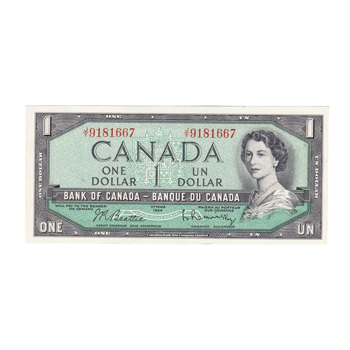 BC-37b 1954 Canada $1 Beattie-Rasminsky, J/Y, Choice Uncirculated (CUNC63)