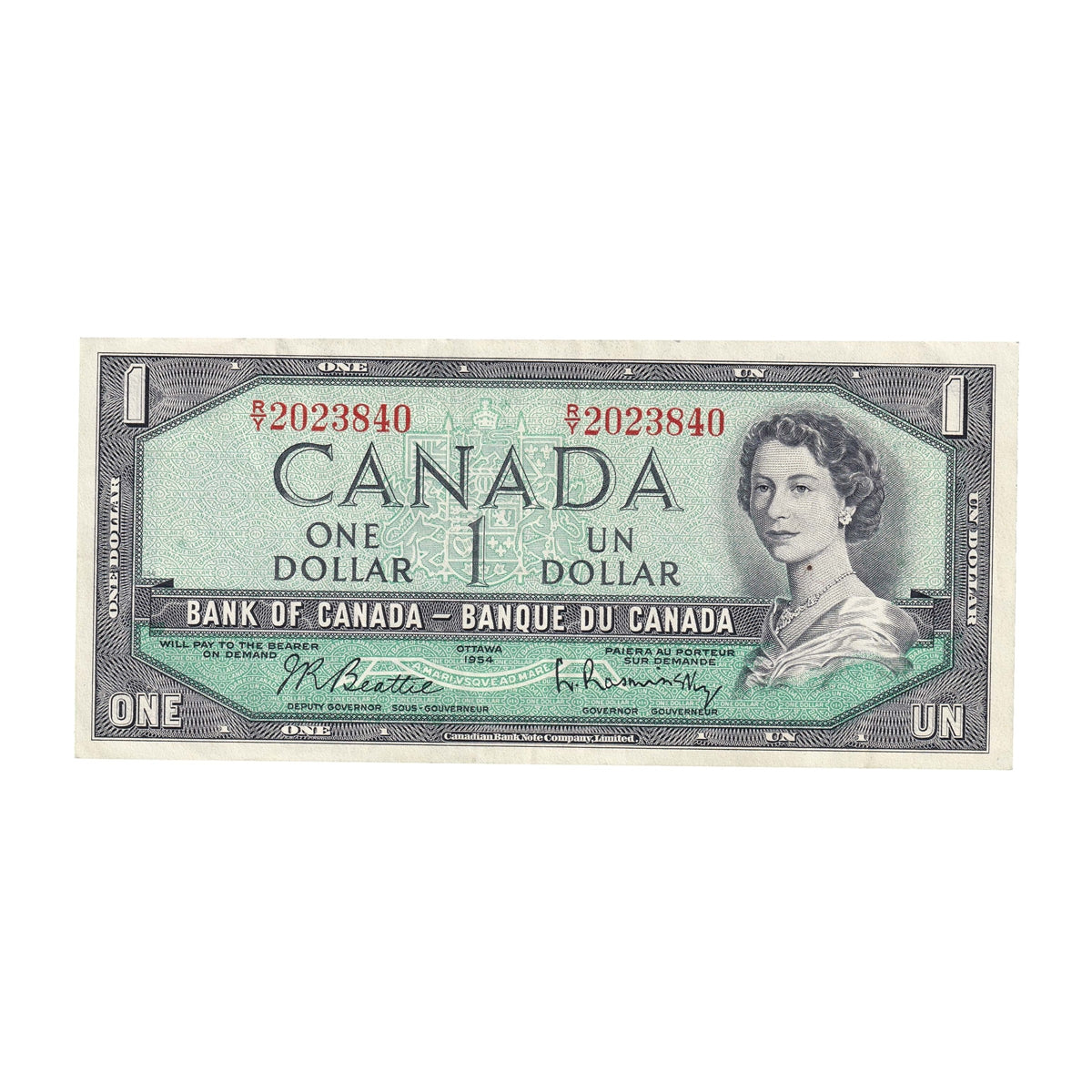 BC-37b 1954 Canada $1 Beattie-Rasminsky, R/Y, Extra Fine (EF40)