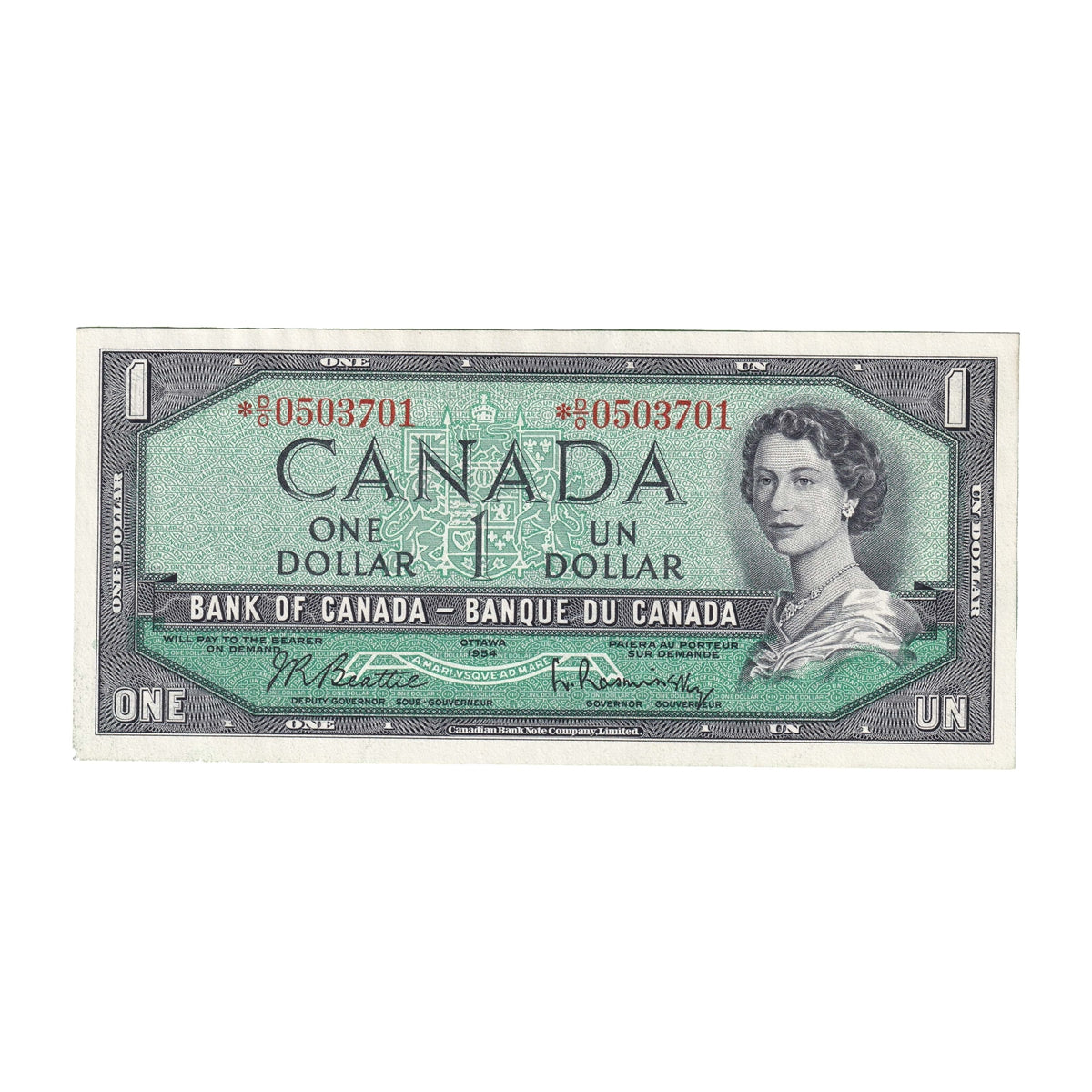 BC-37bA 1954 Canada $1 Beattie-Rasminsky, *D/O, AU-UNC (AU55)