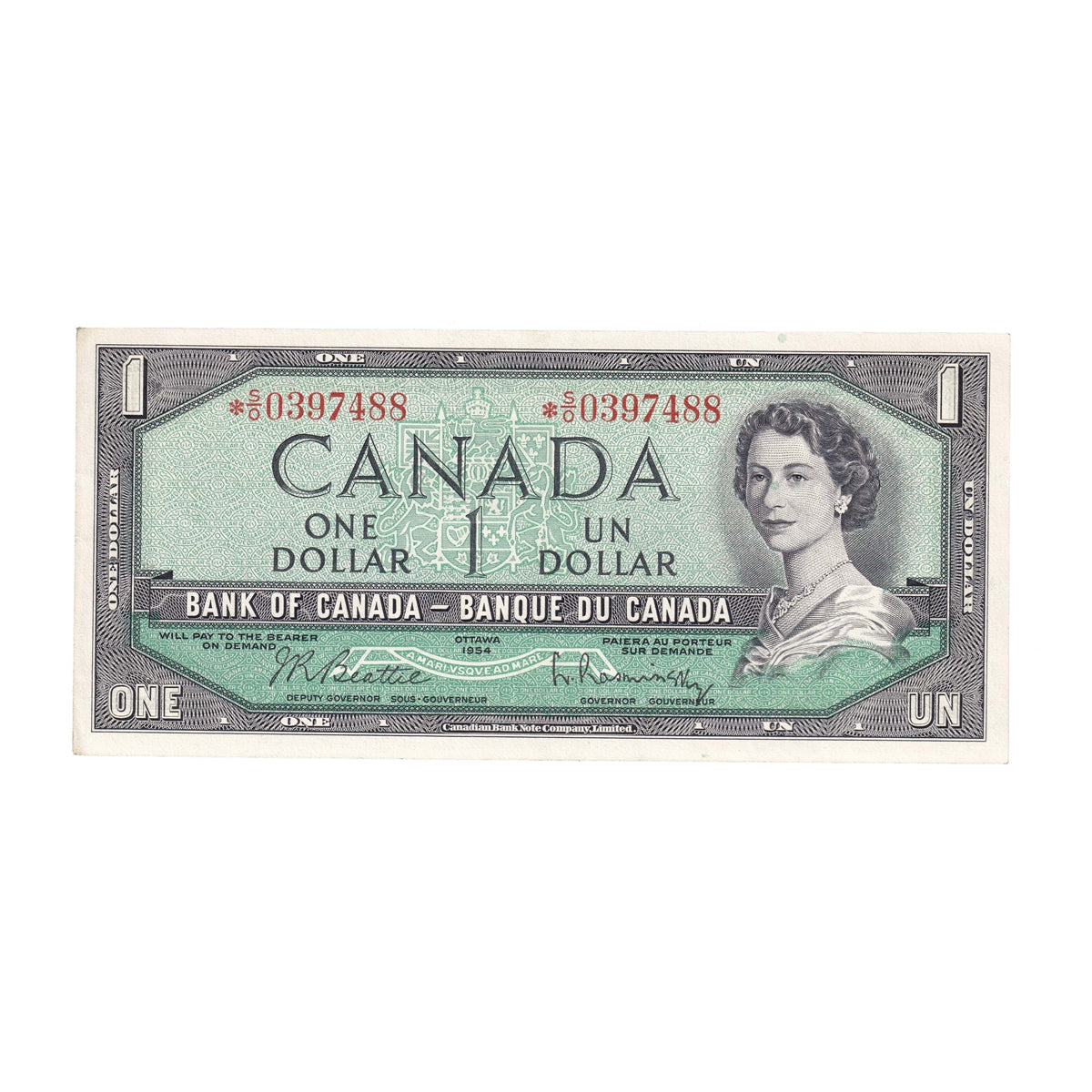 BC-37bA 1954 Canada $1 Beattie-Rasminsky, *S/O, AU-UNC