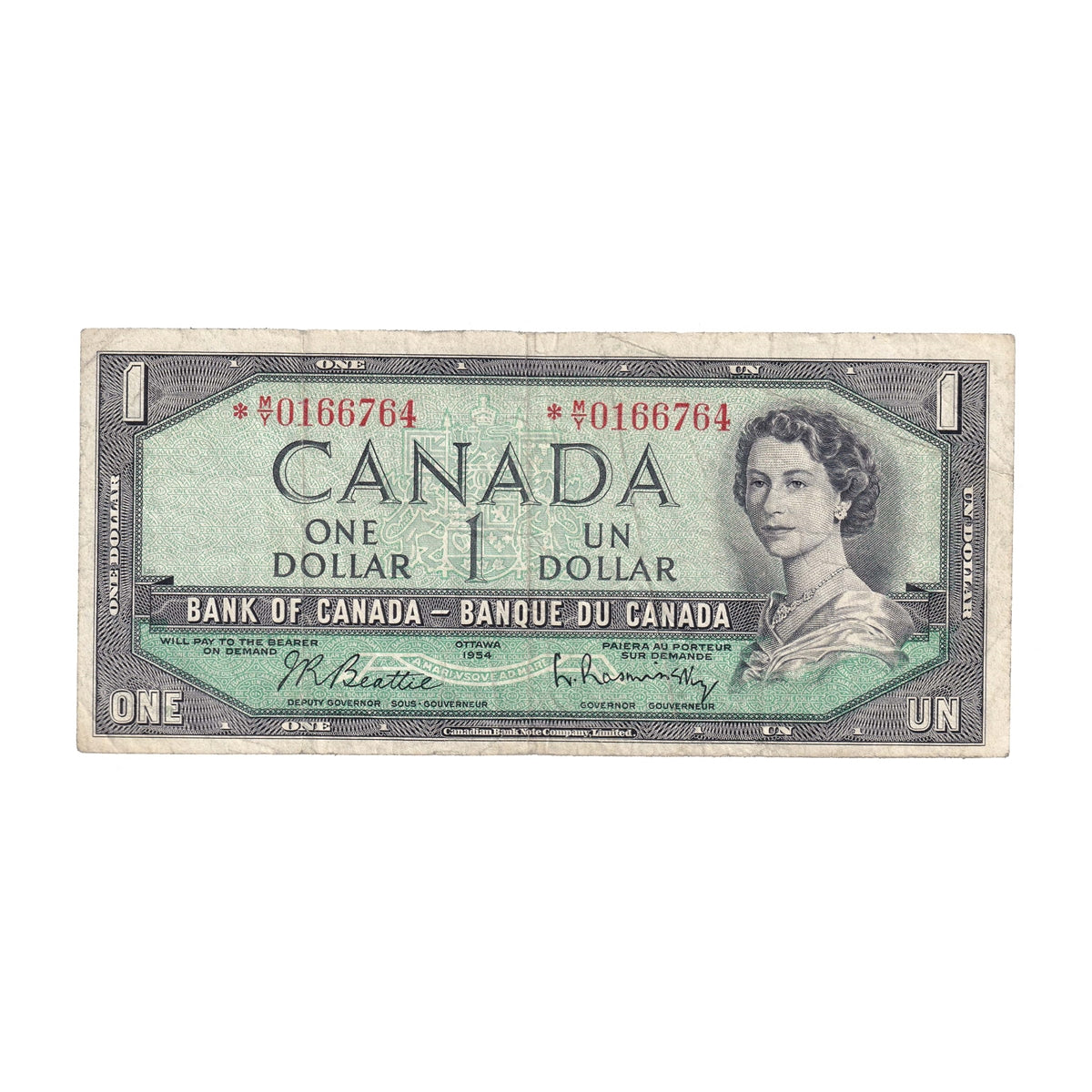 BC-37bA 1954 Canada $1 Beattie-Rasminsky, *M/Y, Fine (F12)