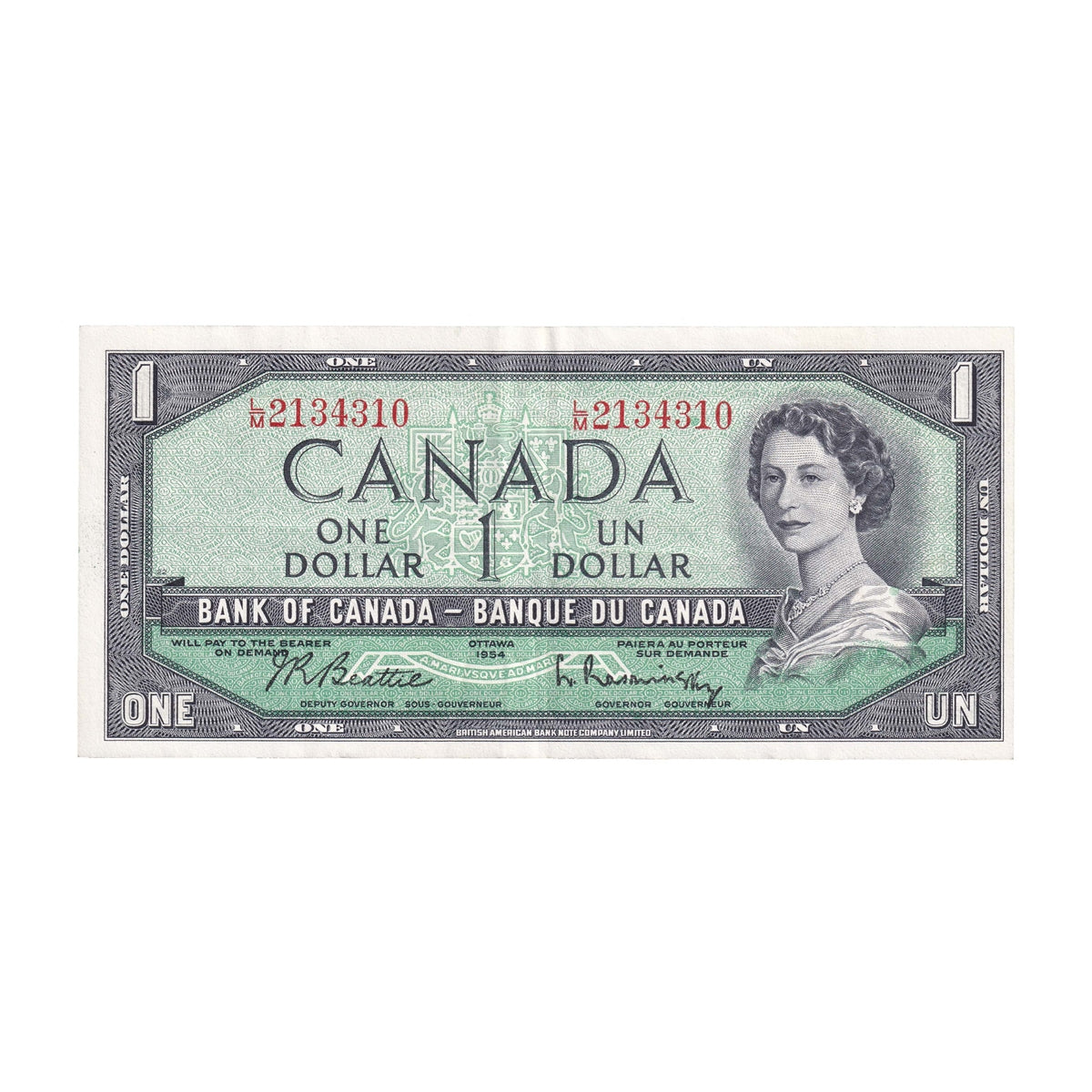 BC-37b-i 1954 Canada $1 Beattie-Rasminsky, L/M, Extra Fine (EF40)