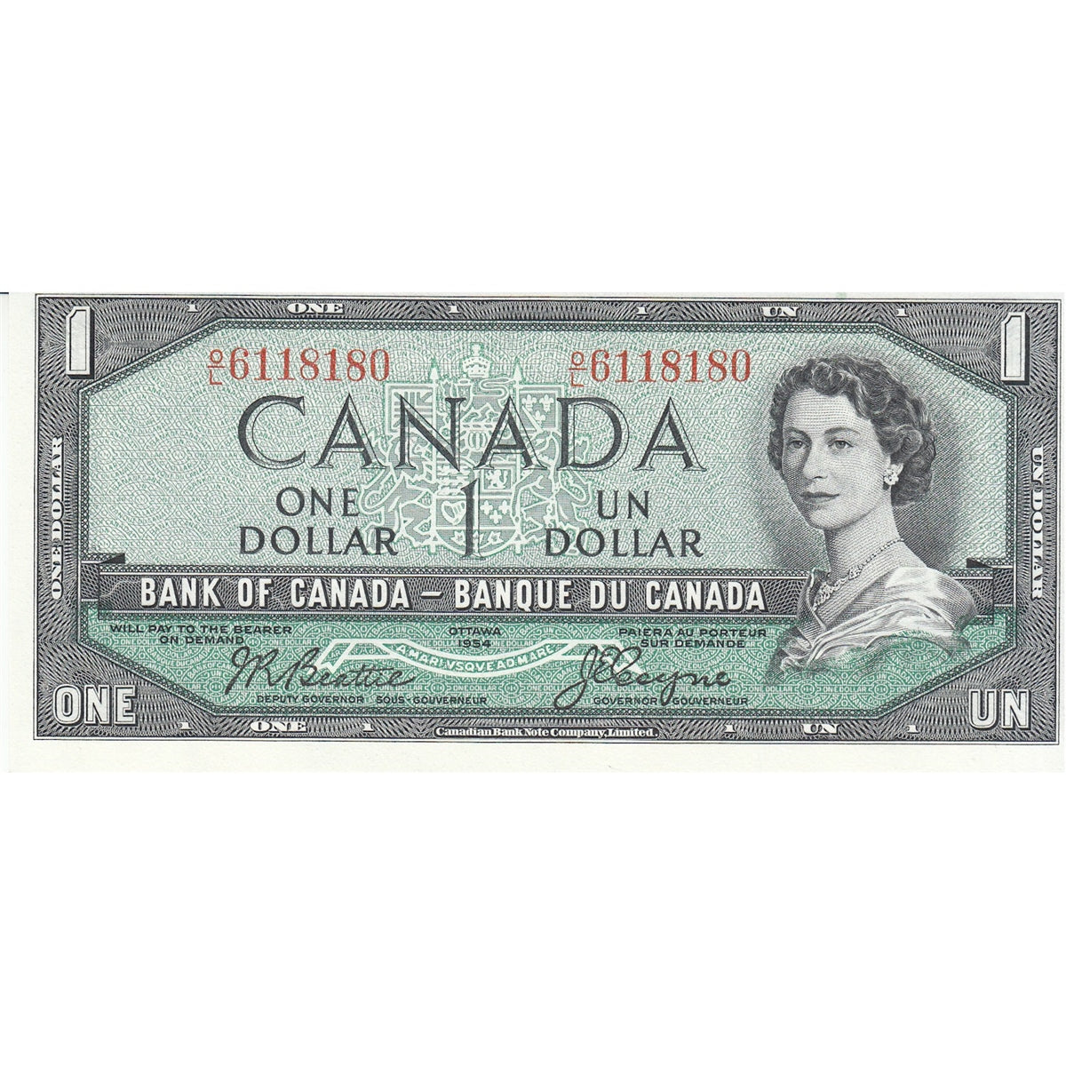 BC-37a 1954 Canada $1 Beattie-Coyne, O/L, Choice Uncirculated (CUNC63)