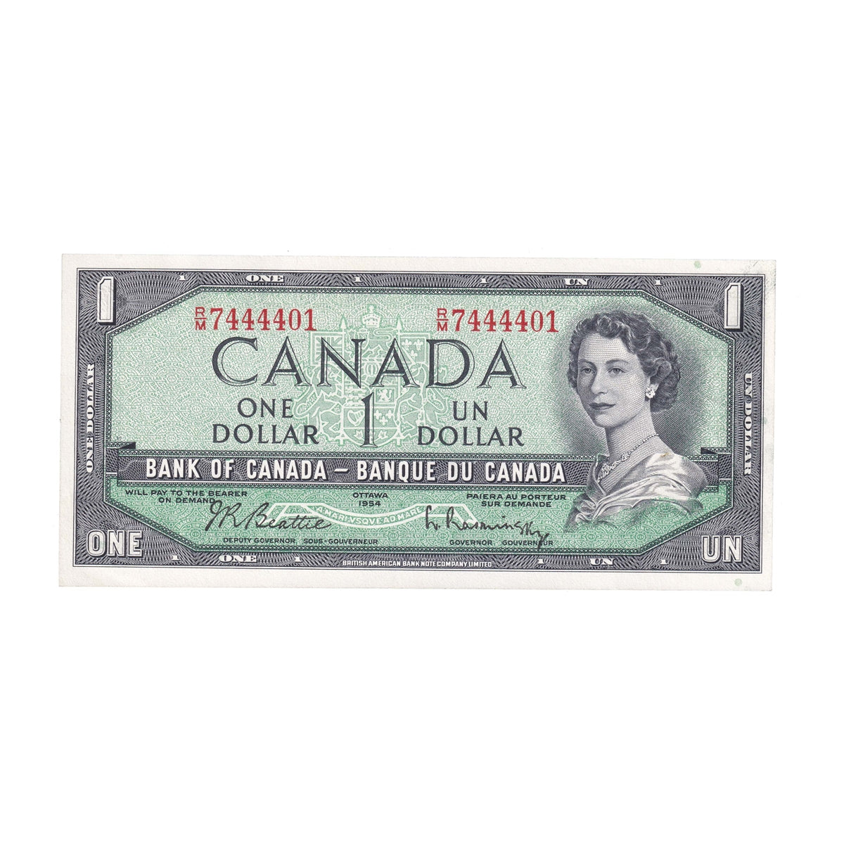 BC-37b-i 1954 Canada $1 Beattie-Rasminsky, R/M, Uncirculated (MS60)