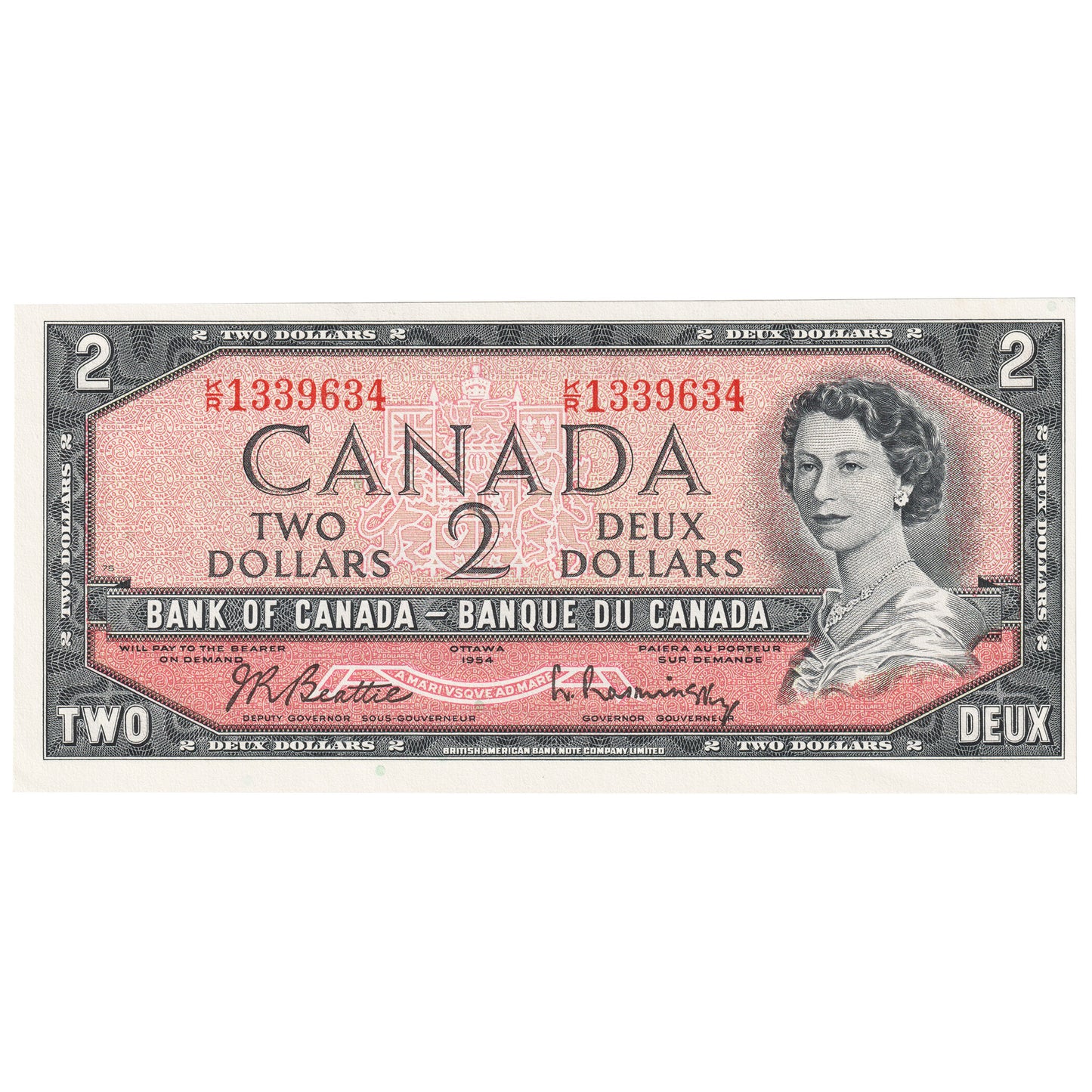 BC-38b 1954 Canada $2 Beattie-Rasminsky, K/R, AU-UNC (AU55)