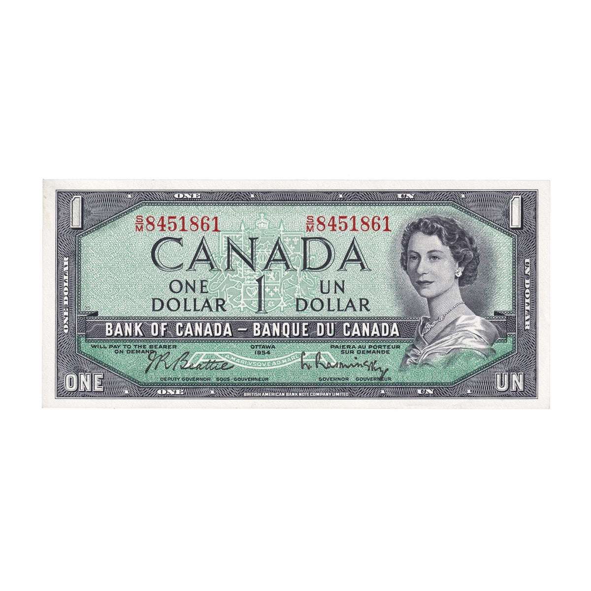 BC-37b-i 1954 Canada $1 Beattie-Rasminsky, S/M, AU-UNC (AU55)