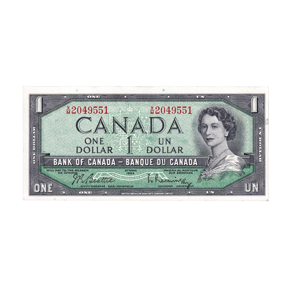 BC-37b-i 1954 Canada $1 Beattie-Rasminsky, X/M, Uncirculated (MS60)
