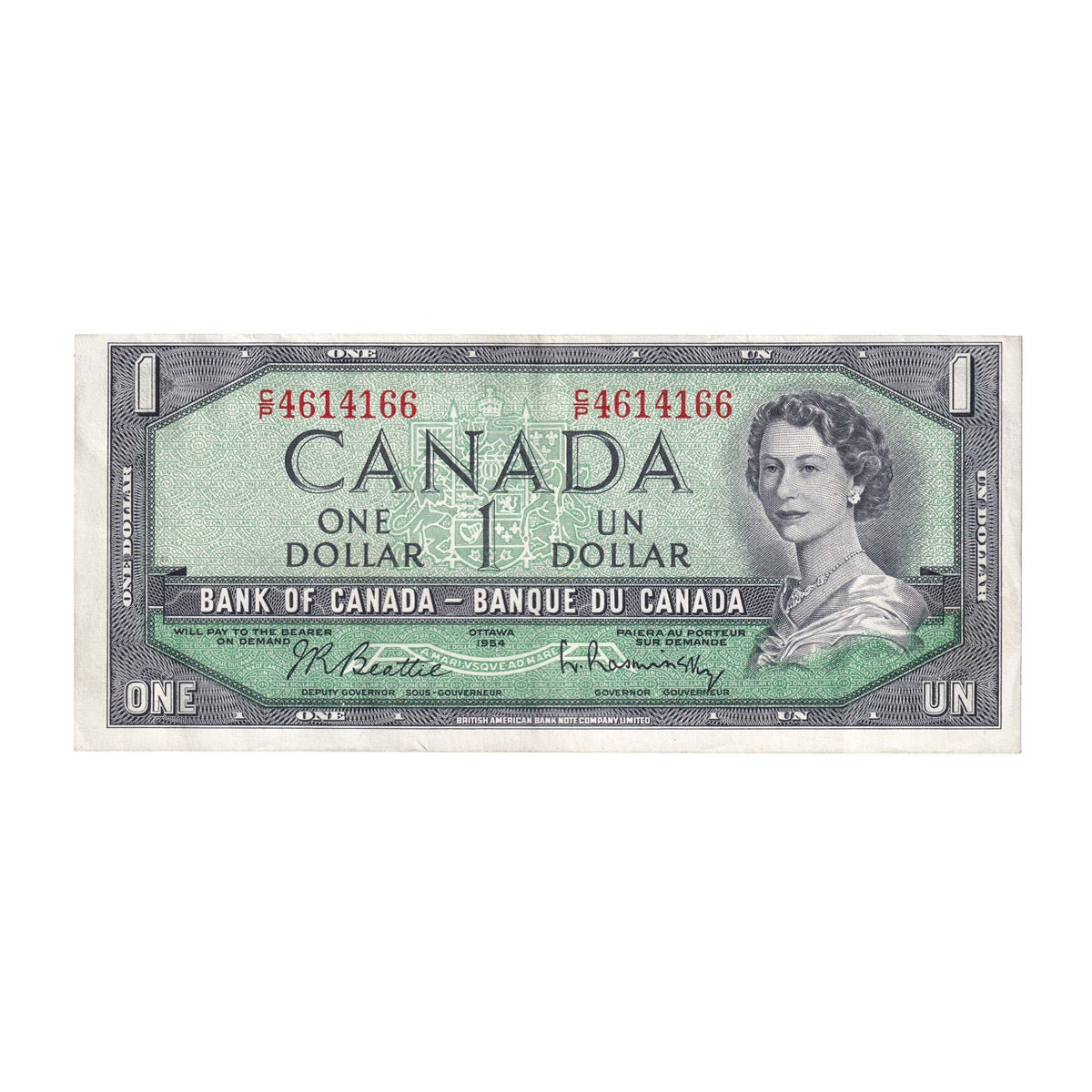 BC-37b-i 1954 Canada $1 Beattie-Rasminsky, C/P, Extra Fine (EF40)