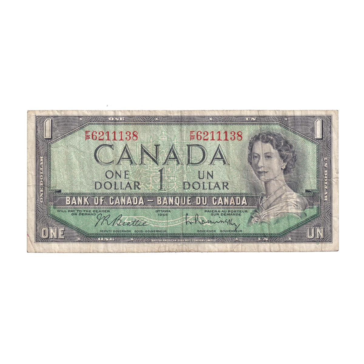 BC-37b-i 1954 Canada $1 Beattie-Rasminsky, F/P, Fine (F12)