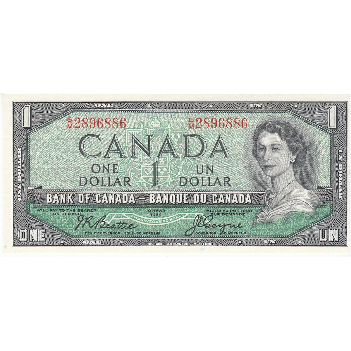 BC-37a-i 1954 Canada $1 Beattie-Coyne, G/M, Choice Uncirculated (CUNC63)