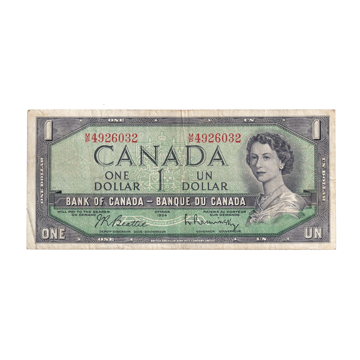 BC-37b-i 1954 Canada $1 Beattie-Rasminsky, M/P, F-VF (F15)