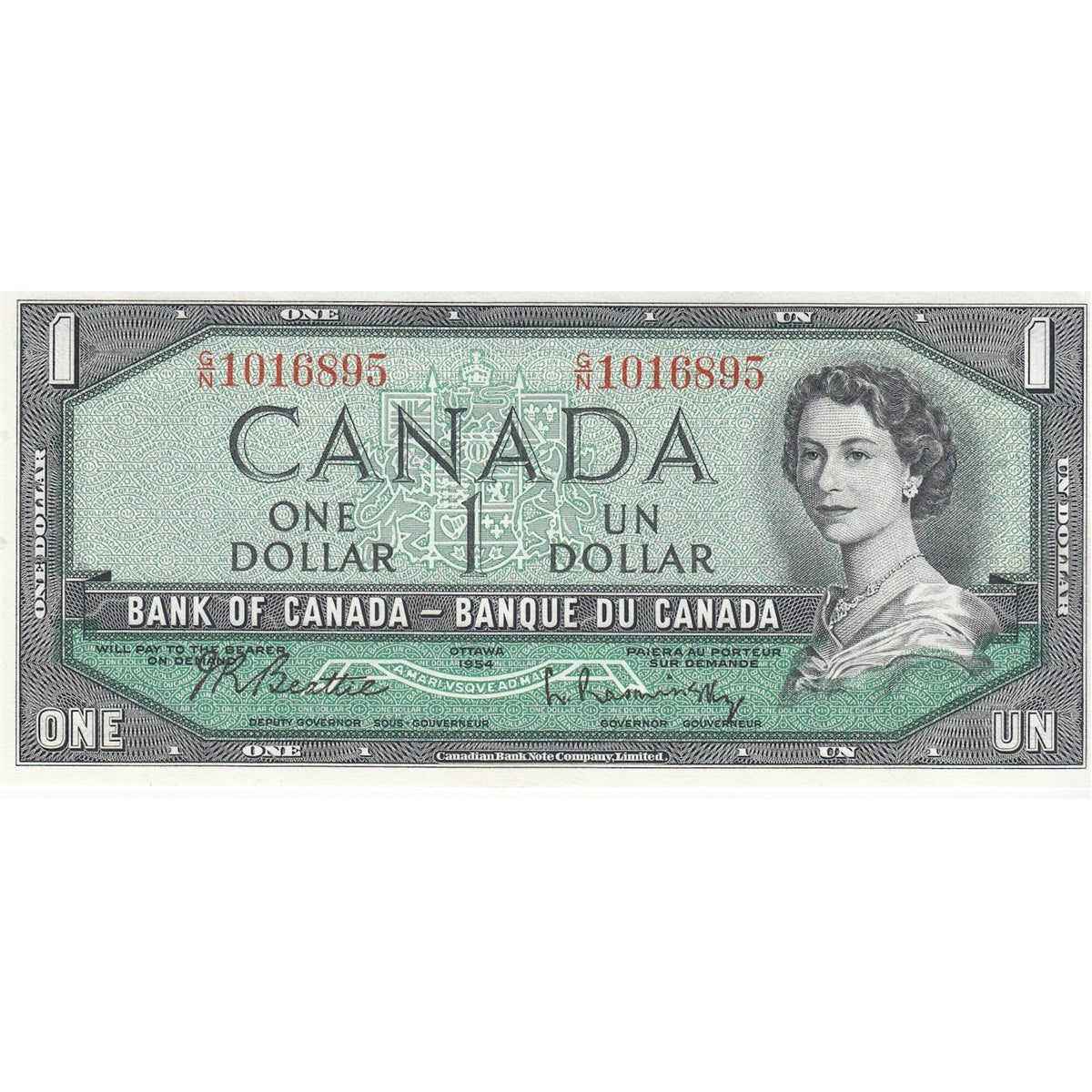 BC-37b 1954 Canada $1 Beattie-Rasminsky, G/N, Uncirculated (MS60)