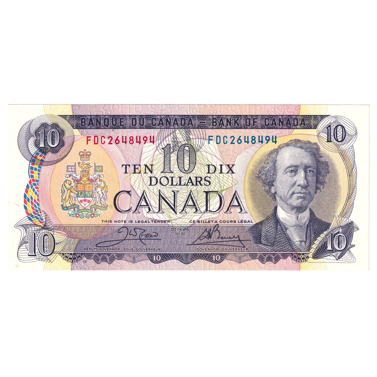 BC-49d 1971 Canada $10 Crow-Bouey, FDC, Uncirculated (MS60)