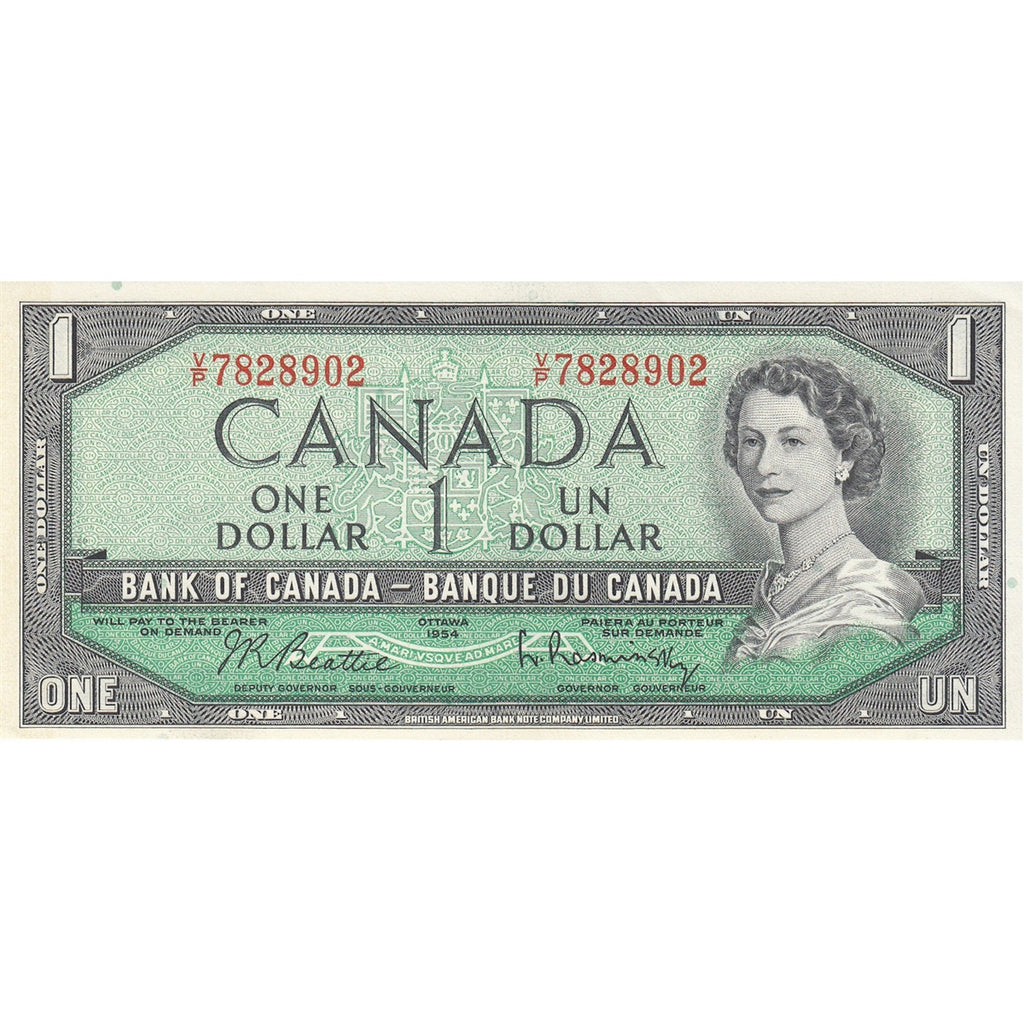 BC-37b-i 1954 Canada $1 Beattie-Rasminsky, V/P, Uncirculated (MS60)
