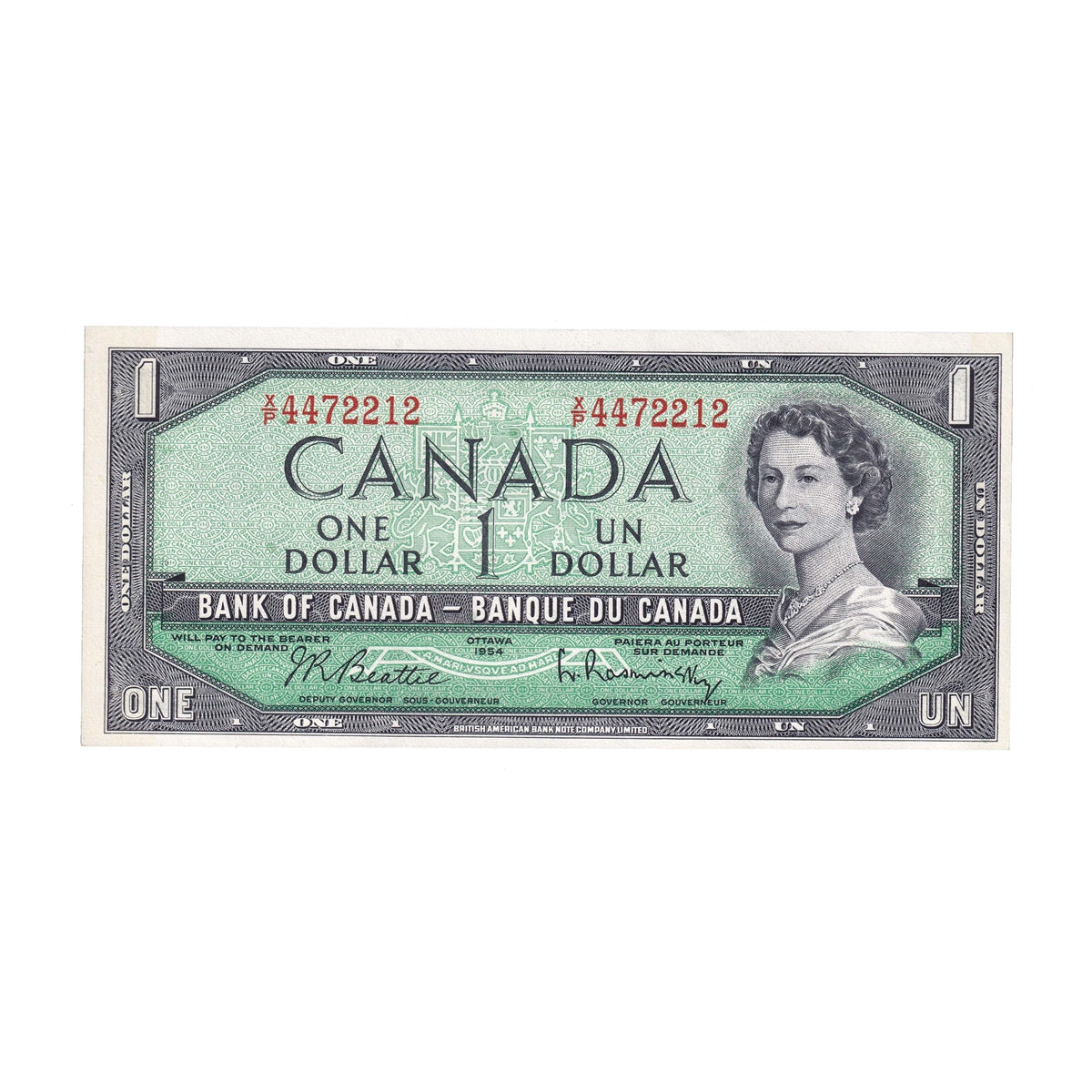 BC-37b-i 1954 Canada $1 Beattie-Rasminsky, X/P, AU-UNC (AU55)