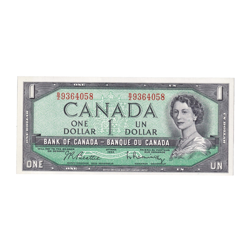 BC-37b-i 1954 Canada $1 Beattie-Rasminsky, B/Z, AU-UNC (AU55)
