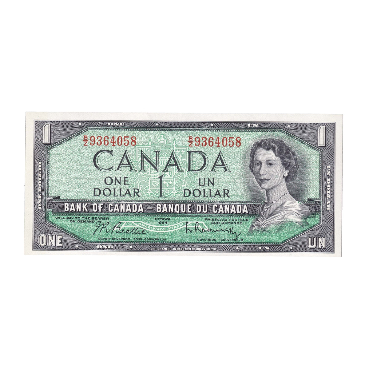 BC-37b-i 1954 Canada $1 Beattie-Rasminsky, B/Z, AU-UNC (AU55)