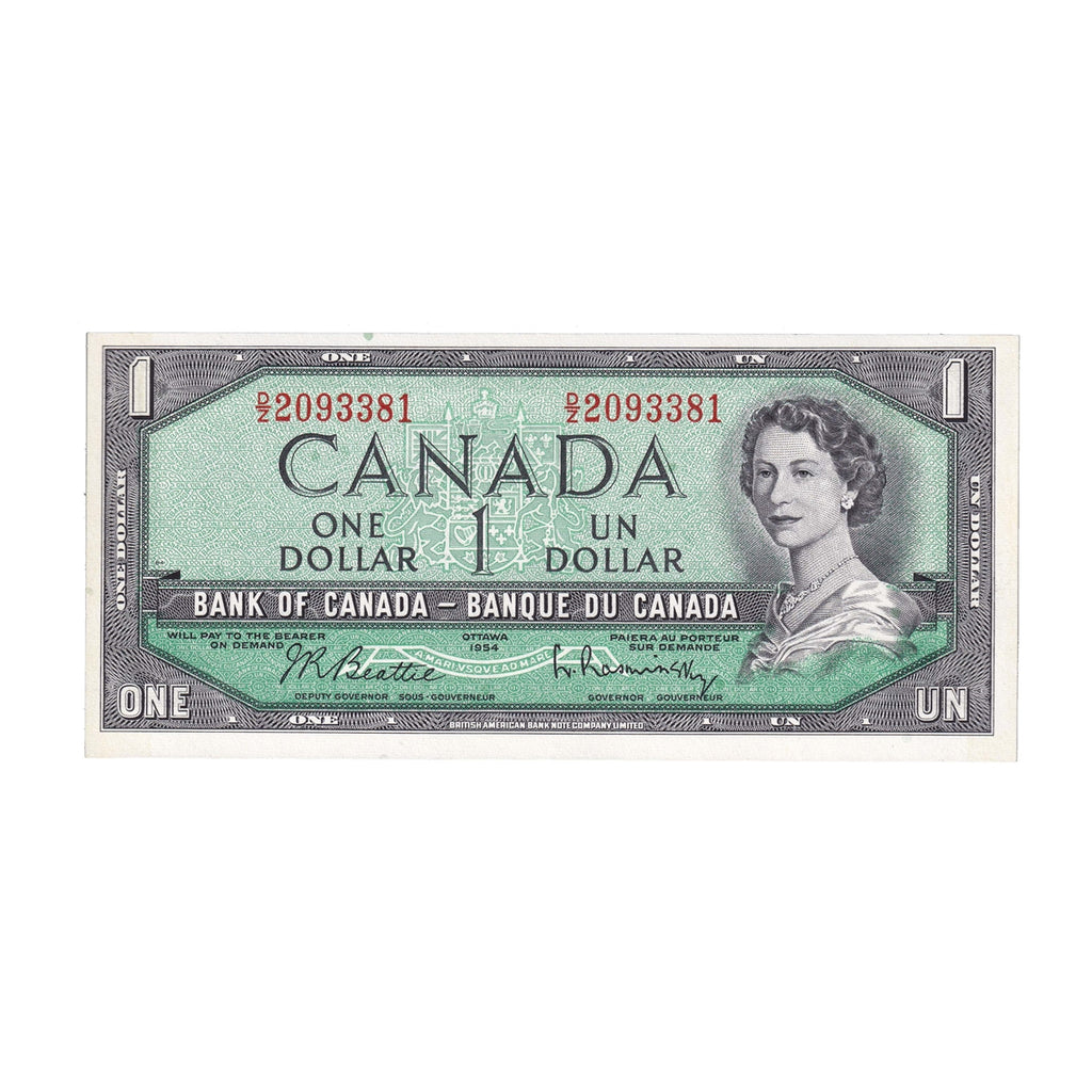 BC-37b-i 1954 Canada $1 Beattie-Rasminsky, D/Z, Uncirculated (MS60)