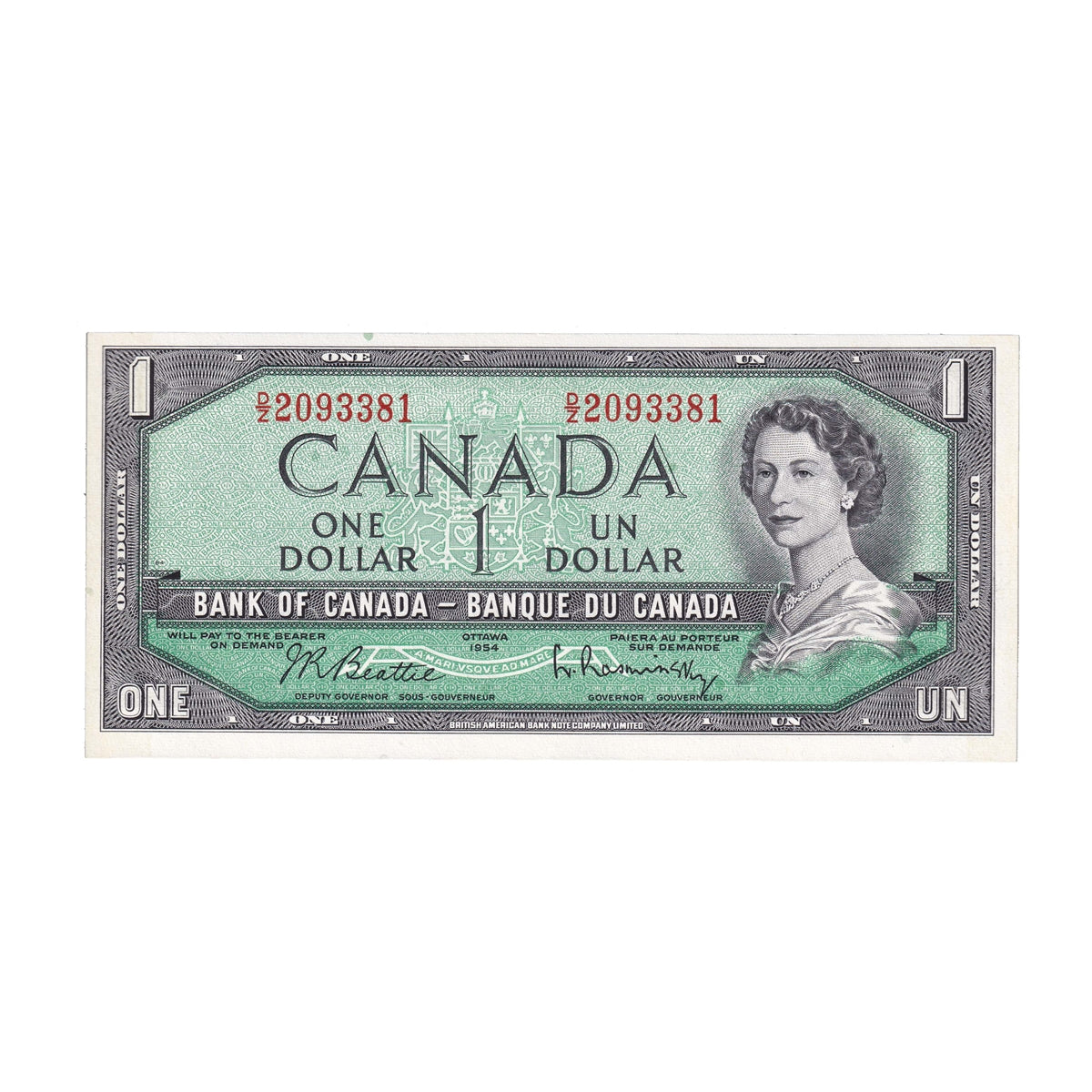 BC-37b-i 1954 Canada $1 Beattie-Rasminsky, D/Z, Uncirculated (MS60)