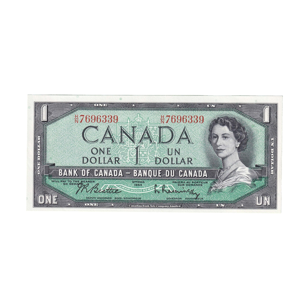 BC-37b 1954 Canada $1 Beattie-Rasminsky, H/N, AU-UNC (AU55)