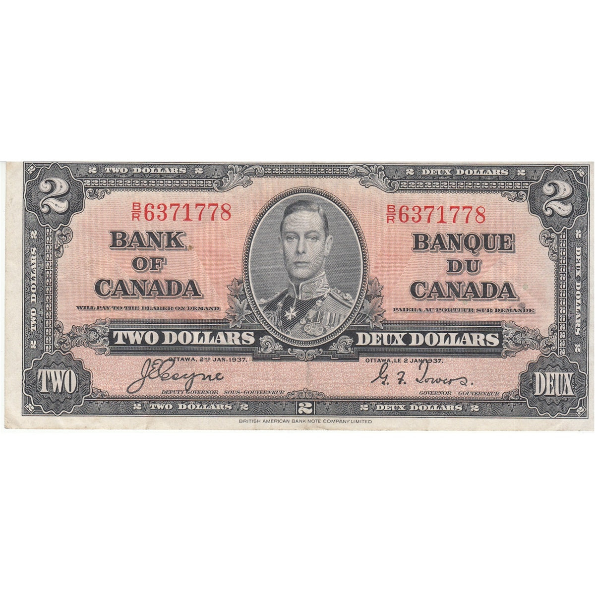 BC-22c 1937 Canada $2 Coyne-Towers, B/R, VF-EF (VF30)