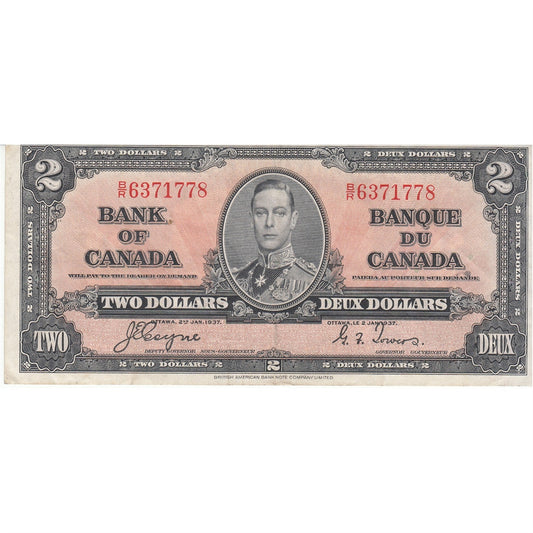 BC-22c 1937 Canada $2 Coyne-Towers, B/R, VF-EF (VF30)