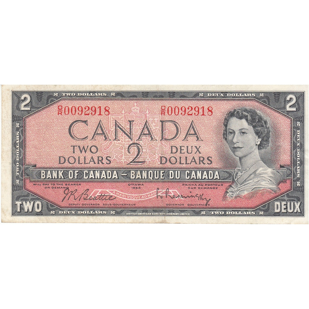 BC-38b 1954 Canada $2 Beattie-Rasminsky, O/R, Extra Fine (EF40)