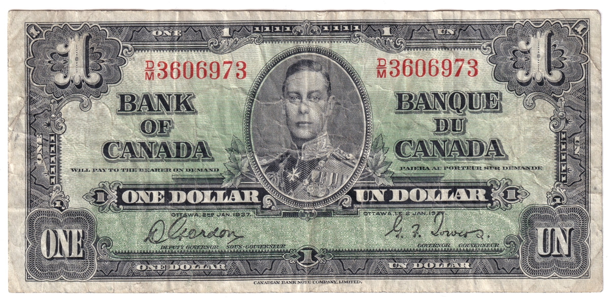 BC-21c 1937 Canada $1 Gordon-Towers, D/M, F-VF (F15)